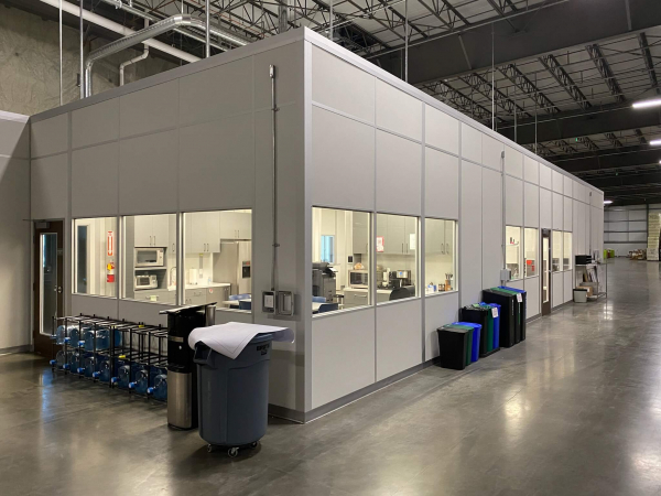 custom built modular breakroom in warehouse