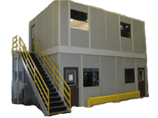 modular two story office with yellow railing and guardrail